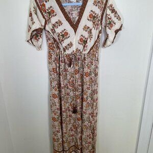 Rusttydustty Brown Ivory Floral Print Maxi Dress